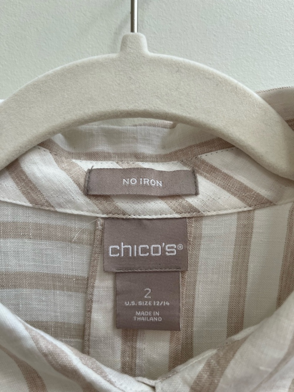 Chico's No-Iron Linen Button Front Shirt tan white stripe 3/4 sleeves 2 12/14 - Picture 12 of 14